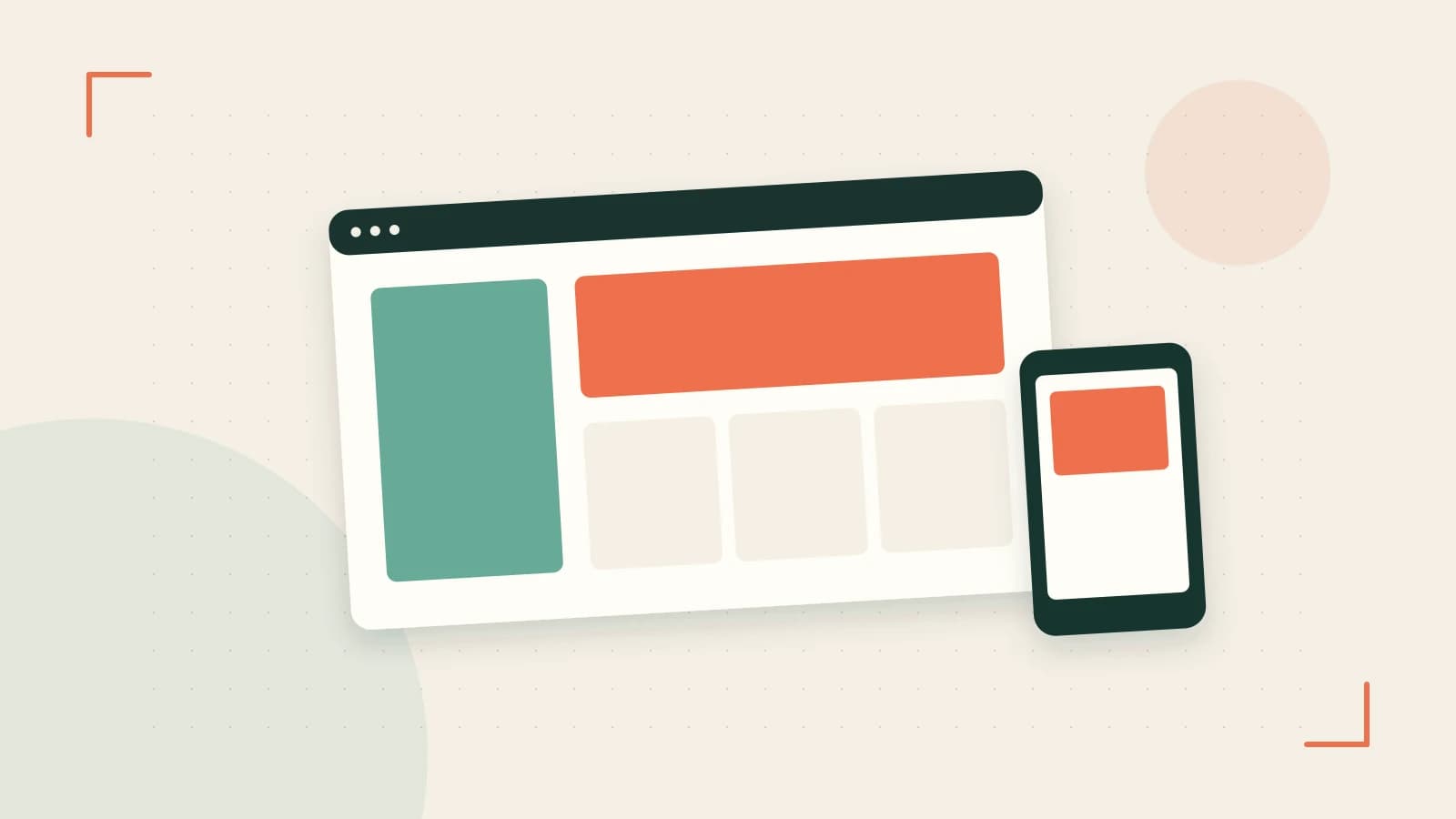 Editorial illustration of responsive browser layouts, overlapping design components and a color system