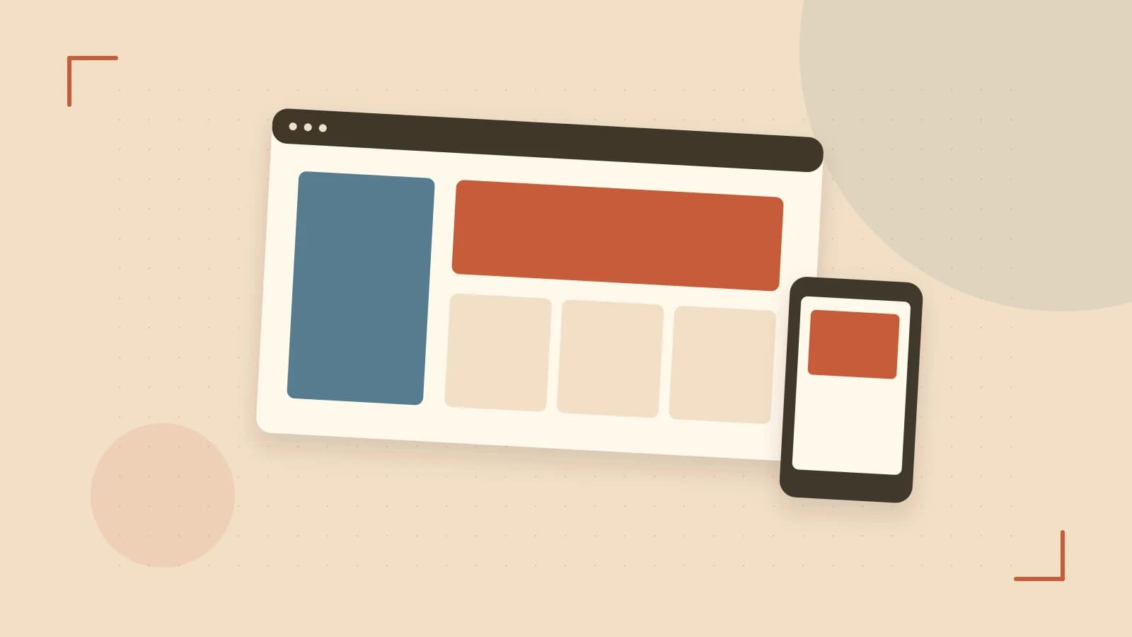 Editorial illustration of responsive browser layouts, overlapping design components and a color system