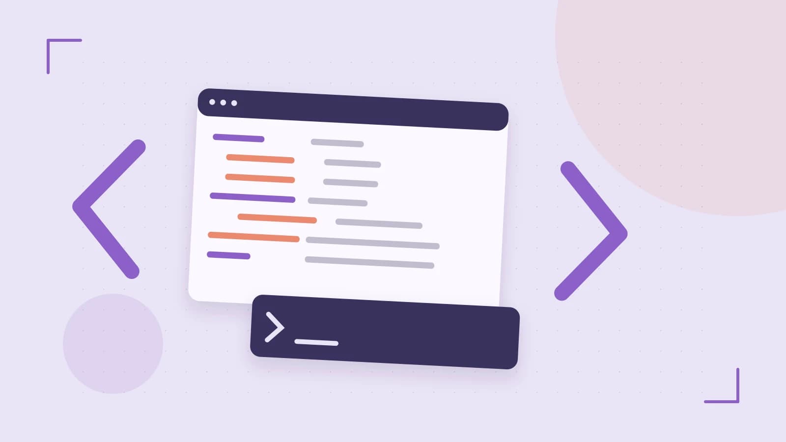 Editorial illustration of an abstract code editor, syntax blocks and oversized programming brackets