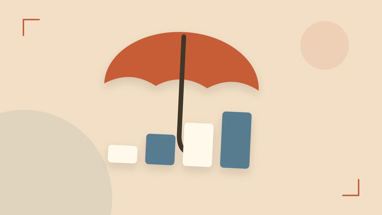 Editorial illustration of abstract coins, a payment card and a geometric financial chart without data labels