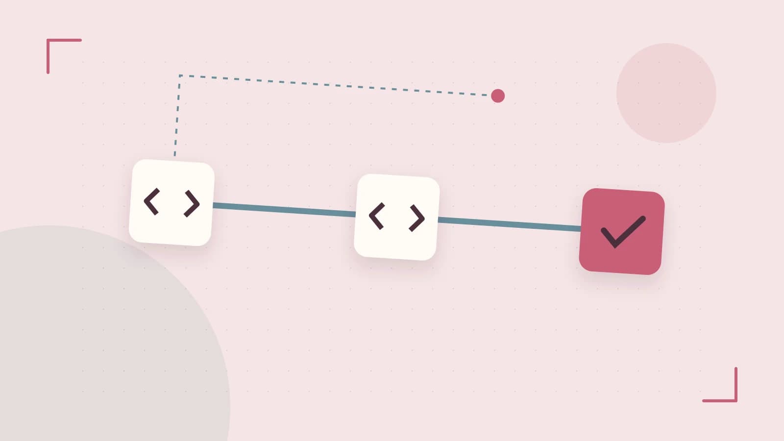 Editorial illustration of a branching build pipeline, staged transformations and a completed check