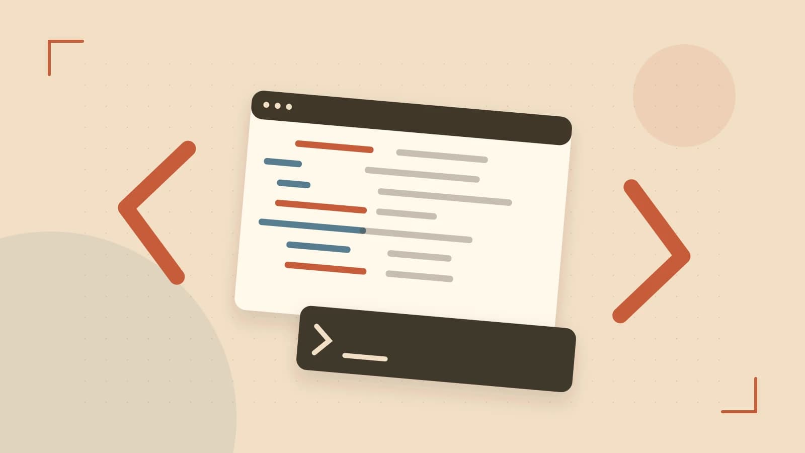 Editorial illustration of an abstract code editor, syntax blocks and oversized programming brackets
