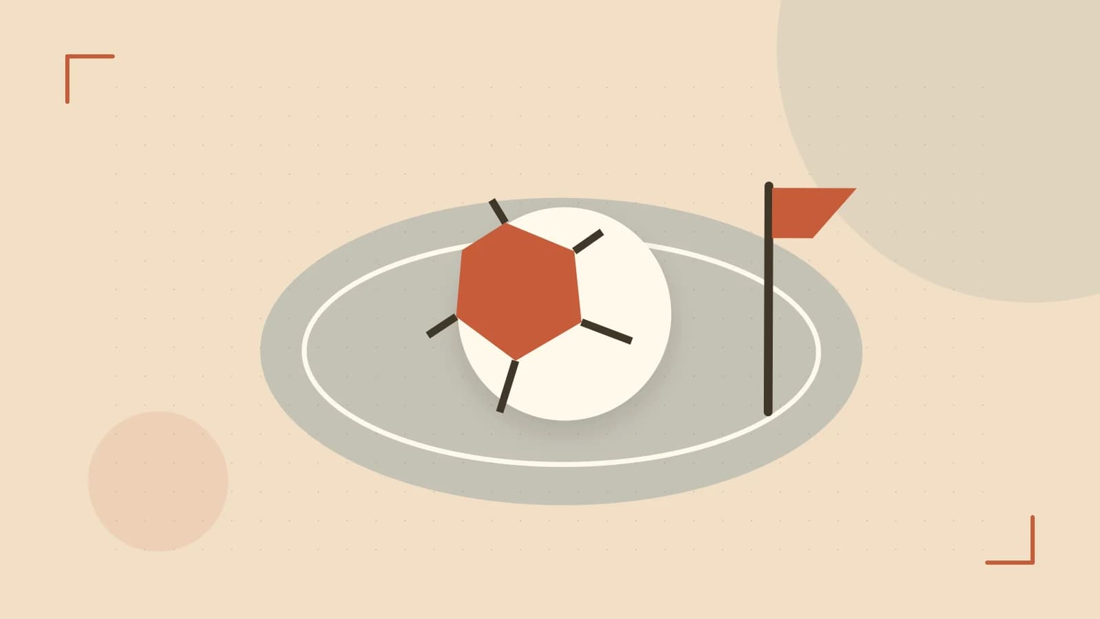 Editorial illustration of a stylized sports ball, stadium geometry and dynamic arcs