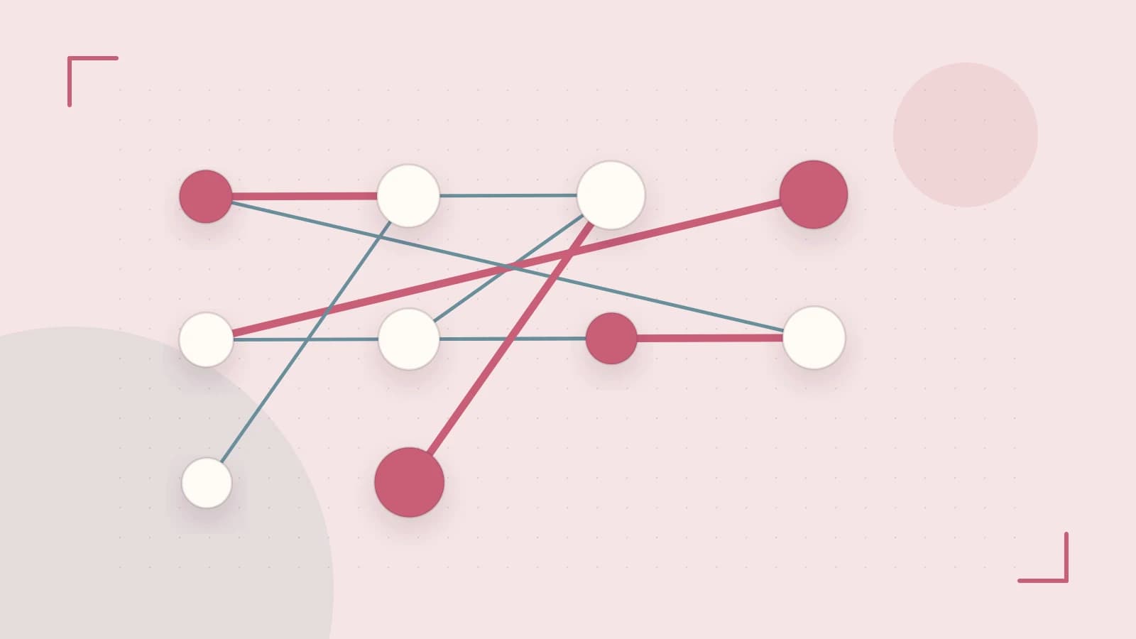 Editorial illustration of an algorithmic node graph with branching paths and a highlighted result