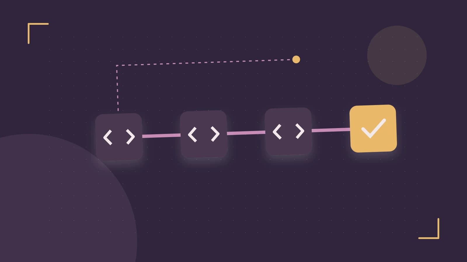 Editorial illustration of a branching build pipeline, staged transformations and a completed check