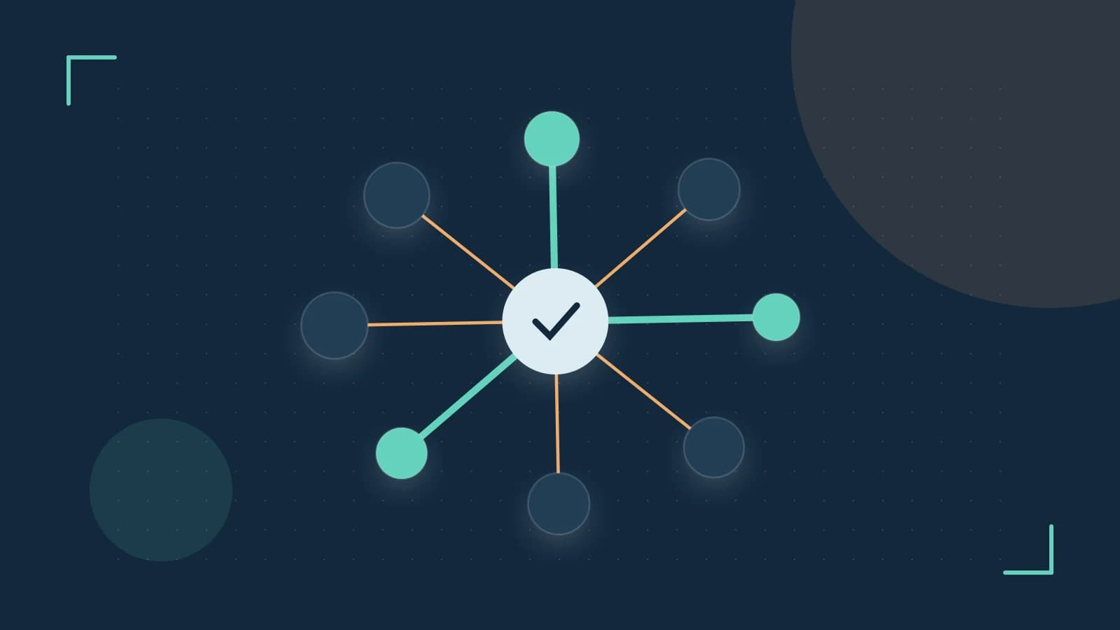 Editorial illustration of an algorithmic node graph with branching paths and a highlighted result
