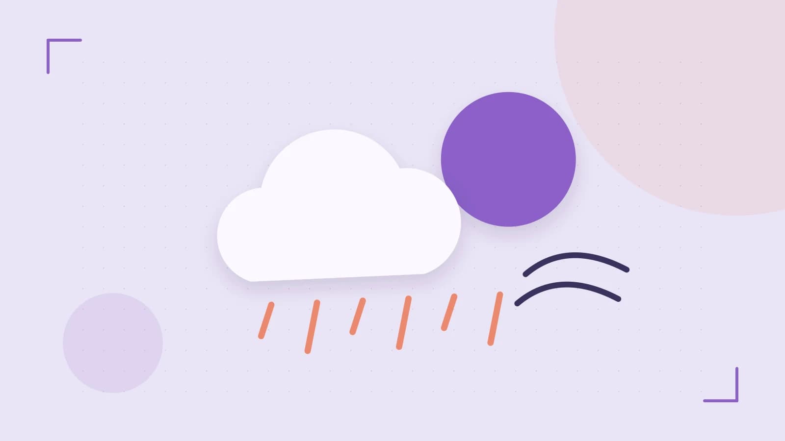 Editorial illustration of a sun, layered clouds, raindrops and flowing weather patterns