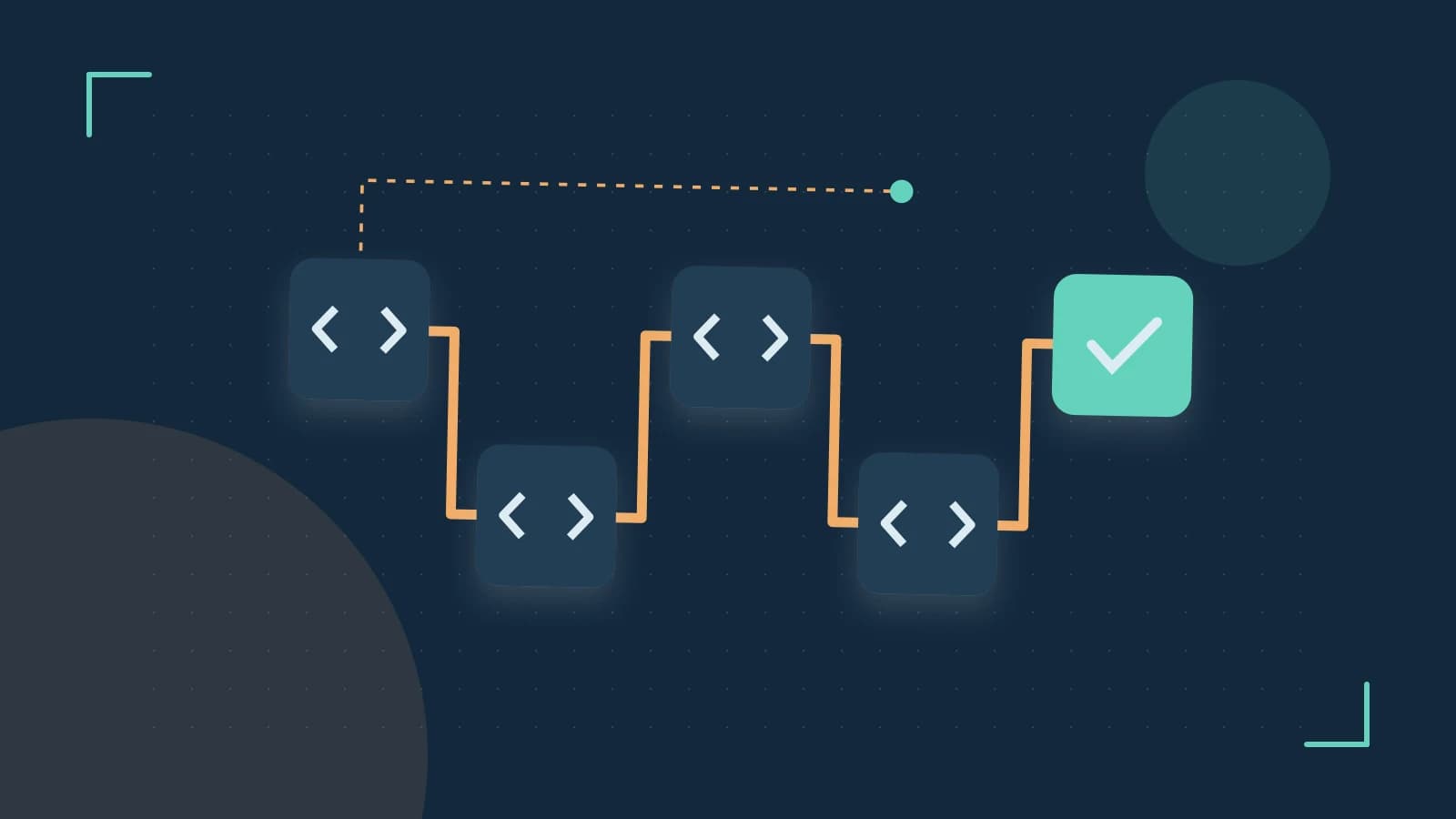 Editorial illustration of a branching build pipeline, staged transformations and a completed check