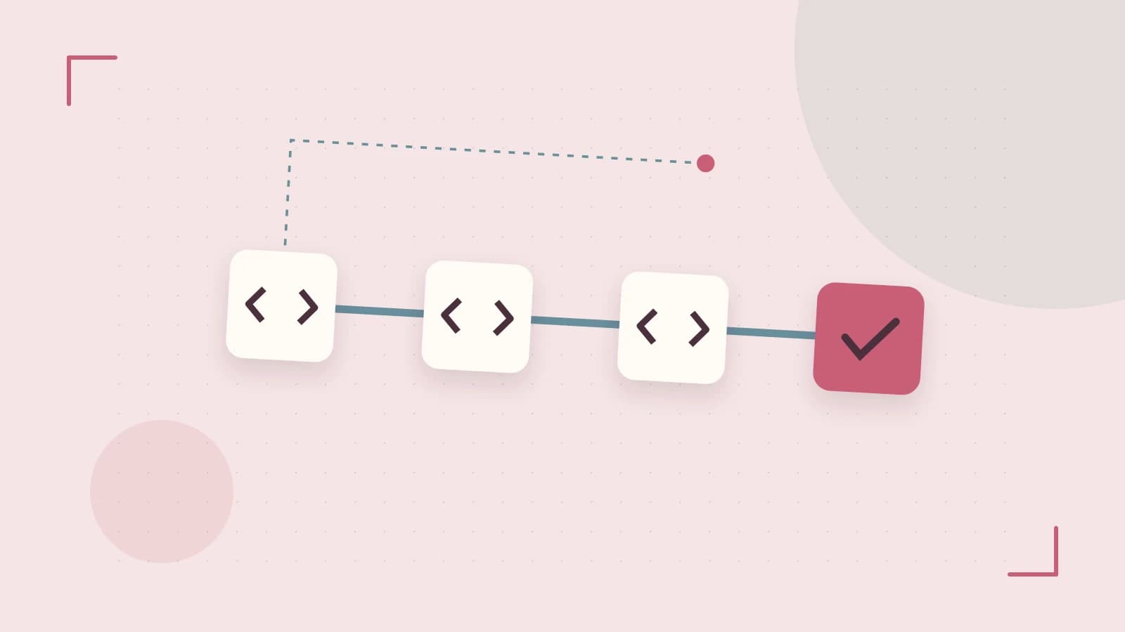 Editorial illustration of a branching build pipeline, staged transformations and a completed check