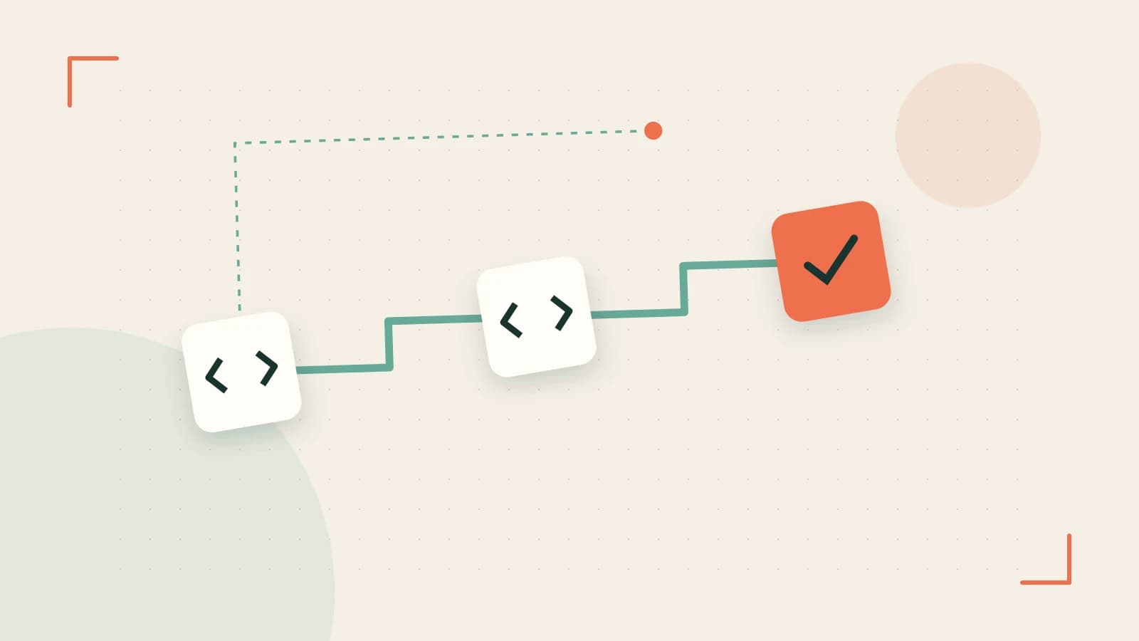 Editorial illustration of a branching build pipeline, staged transformations and a completed check
