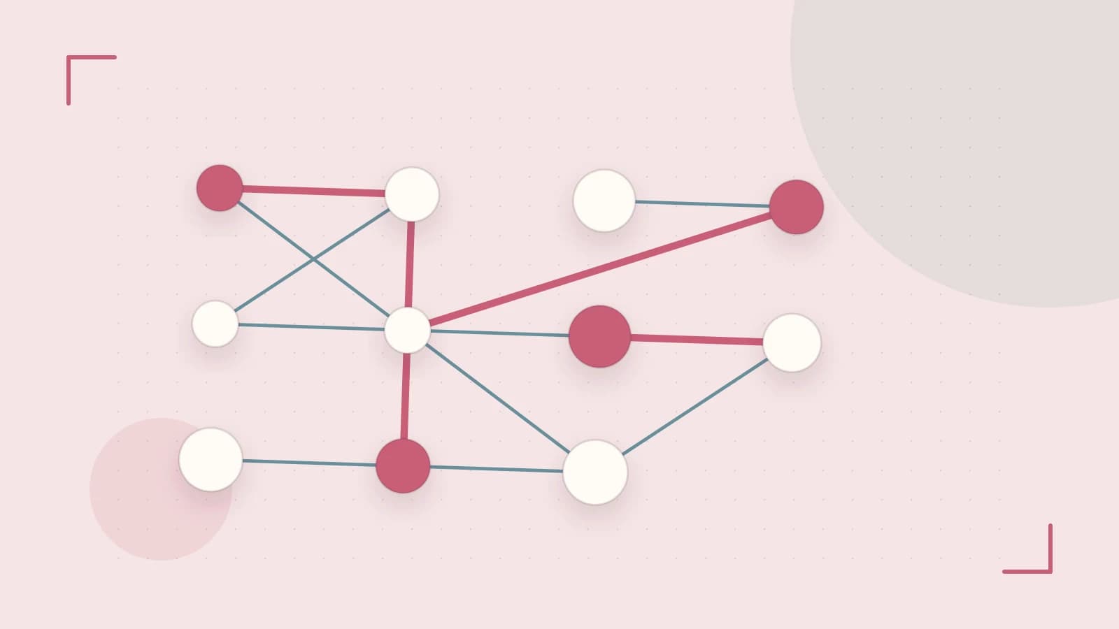 Editorial illustration of an algorithmic node graph with branching paths and a highlighted result