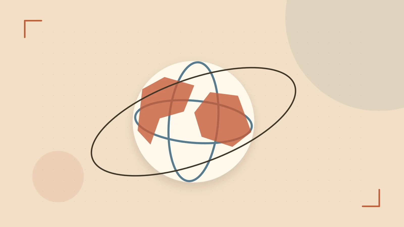 Editorial illustration of an editorial globe with meridians and layered geographic shapes