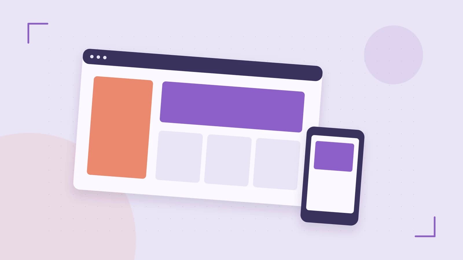 Editorial illustration of responsive browser layouts, overlapping design components and a color system