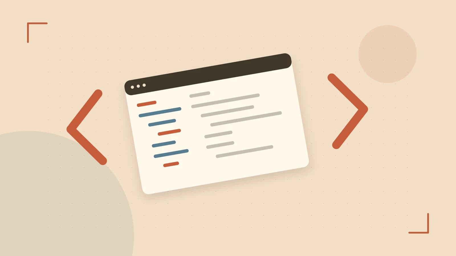 Editorial illustration of an abstract code editor, syntax blocks and oversized programming brackets