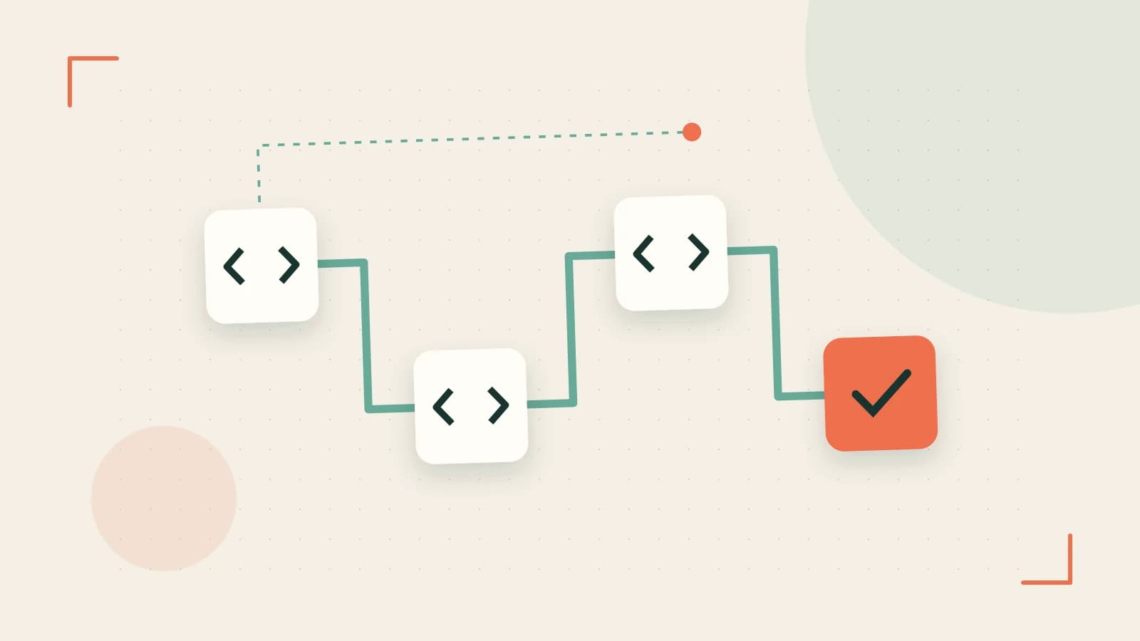 Editorial illustration of a branching build pipeline, staged transformations and a completed check