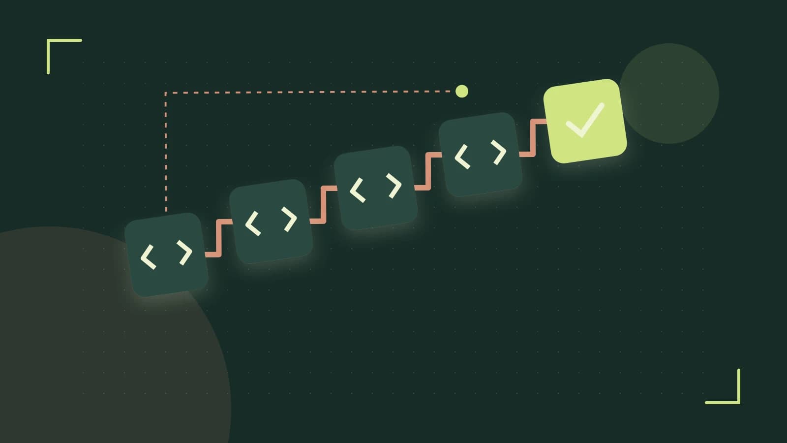 Editorial illustration of a branching build pipeline, staged transformations and a completed check
