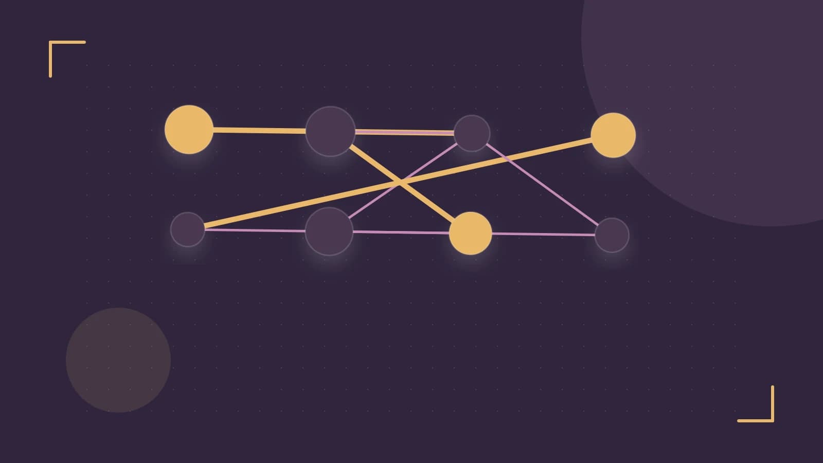 Editorial illustration of an algorithmic node graph with branching paths and a highlighted result