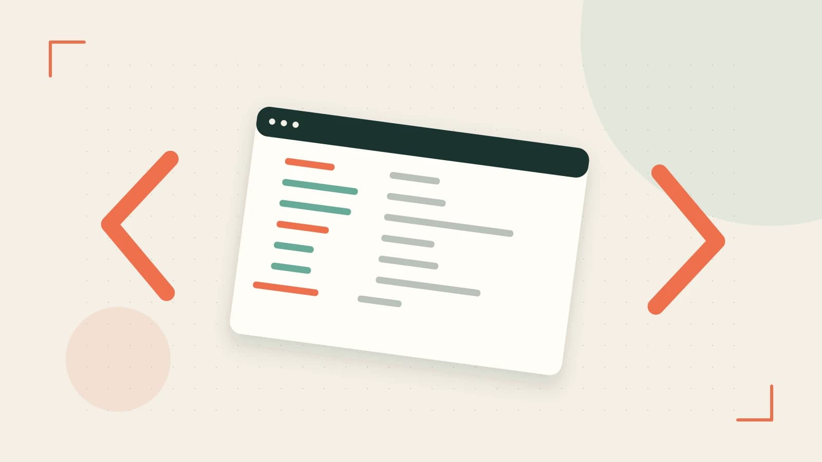 Editorial illustration of an abstract code editor, syntax blocks and oversized programming brackets