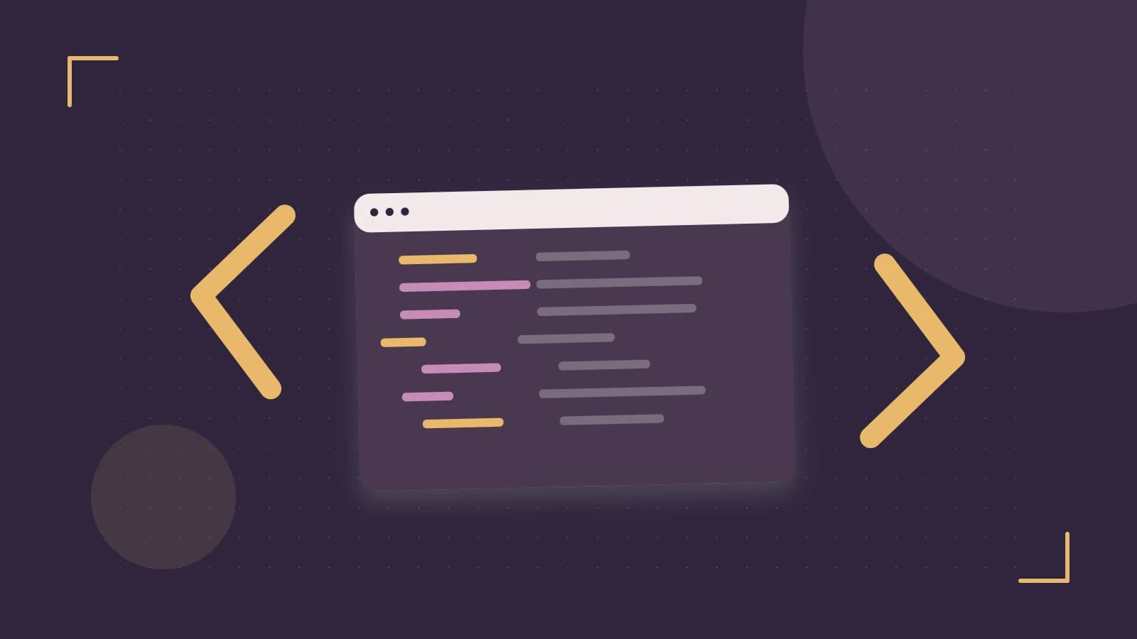 Editorial illustration of an abstract code editor, syntax blocks and oversized programming brackets