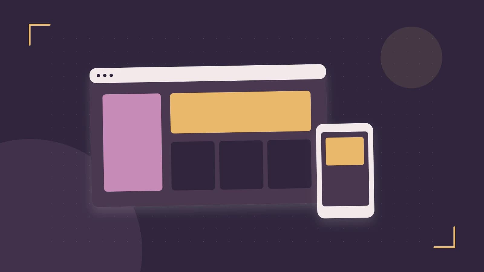 Editorial illustration of responsive browser layouts, overlapping design components and a color system