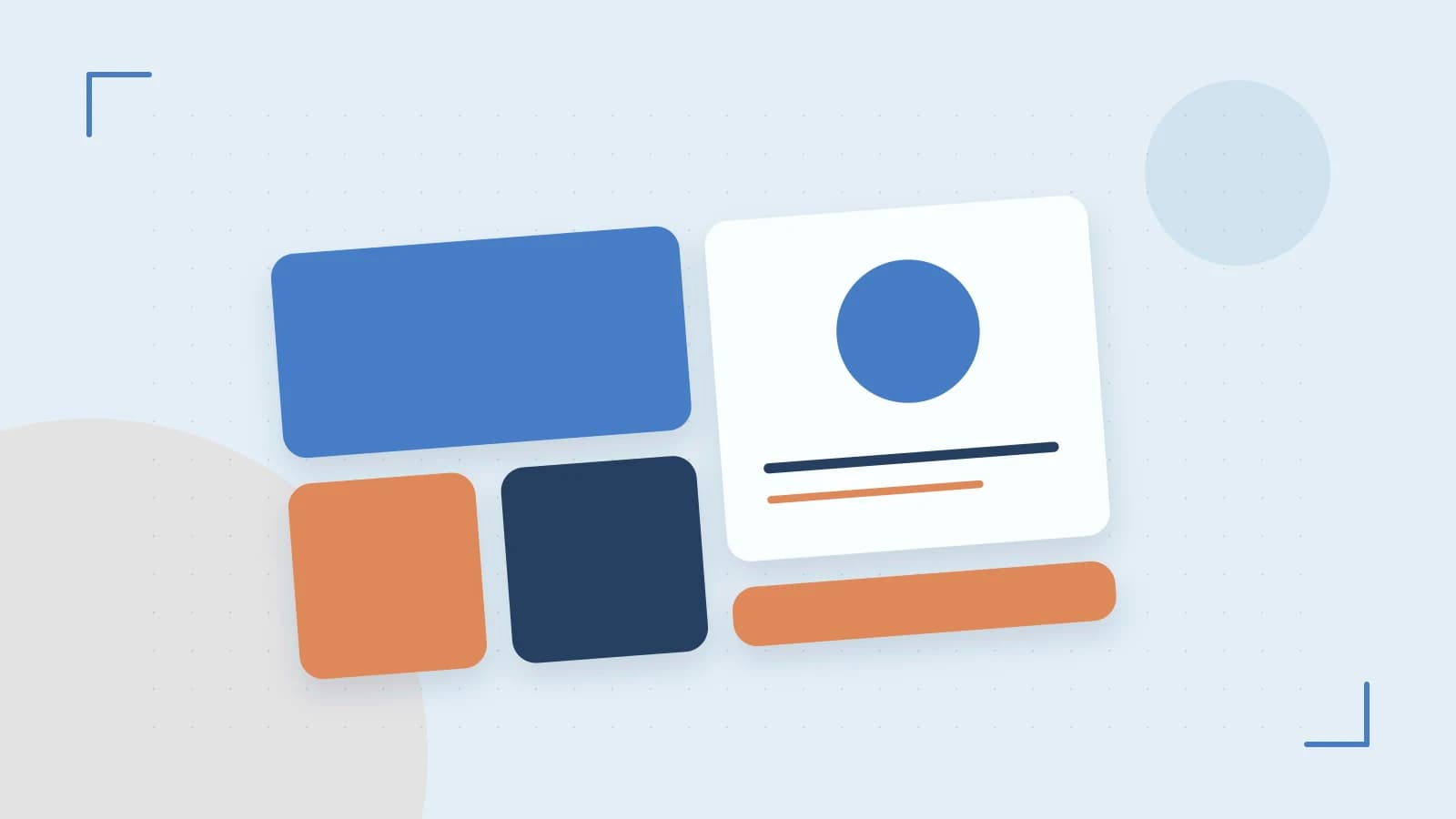 Editorial illustration of responsive browser layouts, overlapping design components and a color system