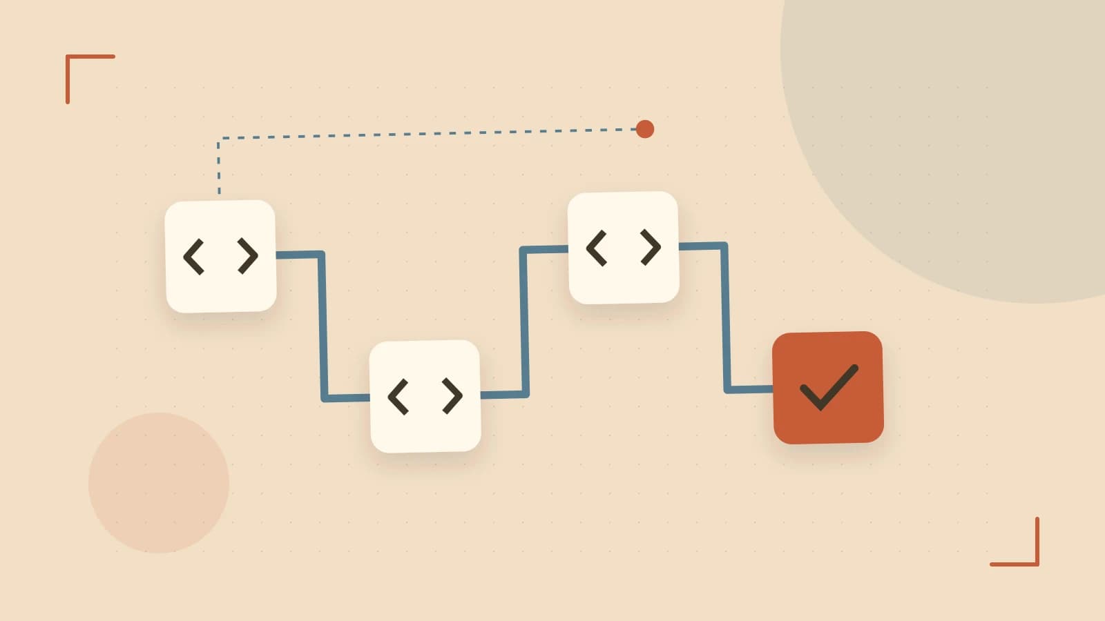 Editorial illustration of a branching build pipeline, staged transformations and a completed check