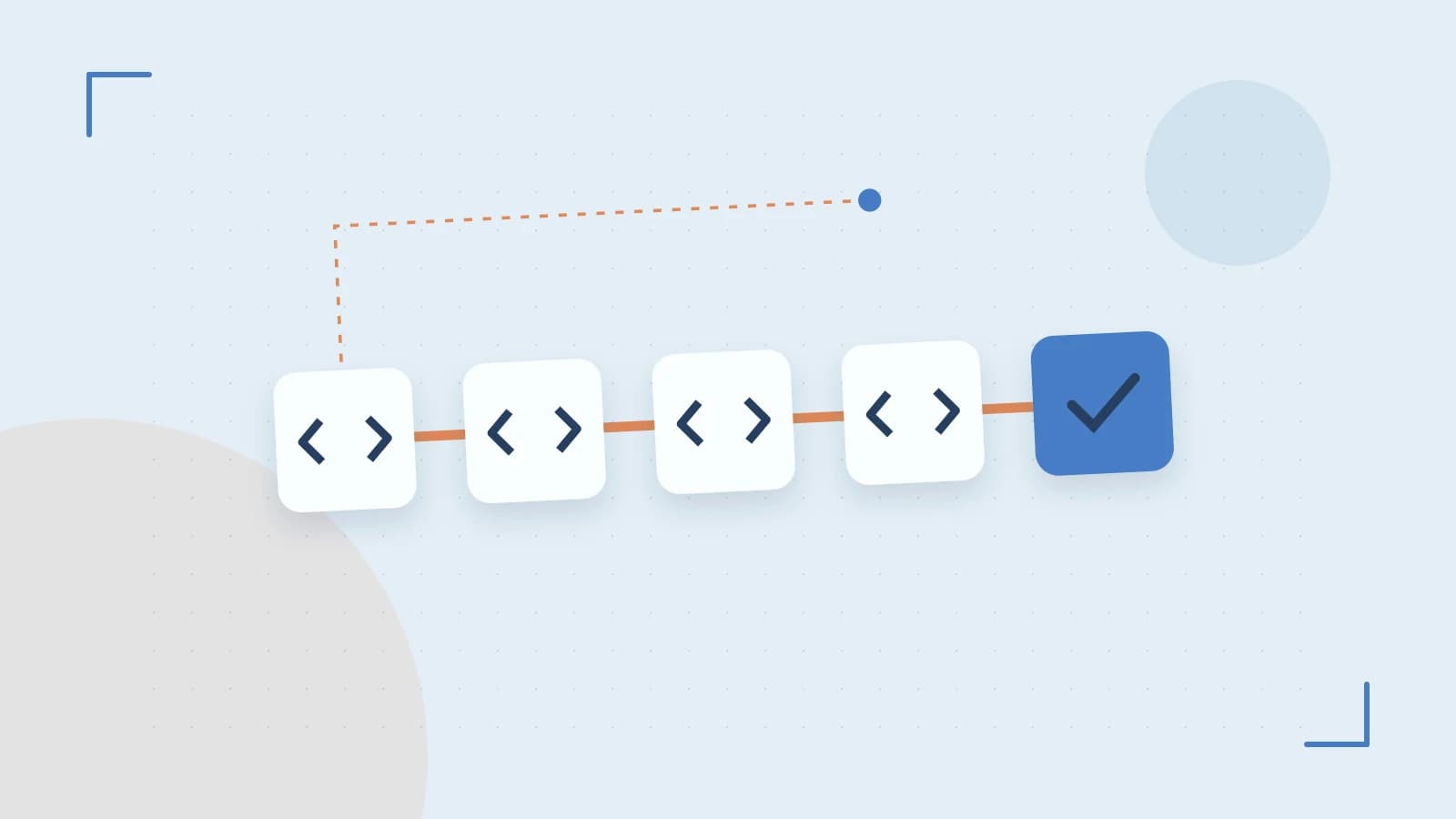 Editorial illustration of a branching build pipeline, staged transformations and a completed check