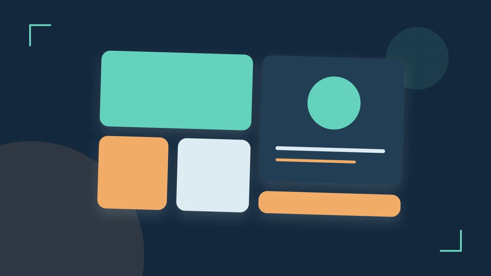 Editorial illustration of responsive browser layouts, overlapping design components and a color system