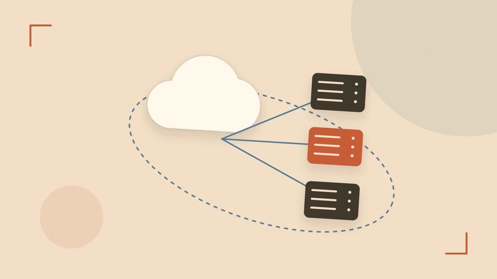Editorial illustration of cloud infrastructure, connected server racks and an orbital service map