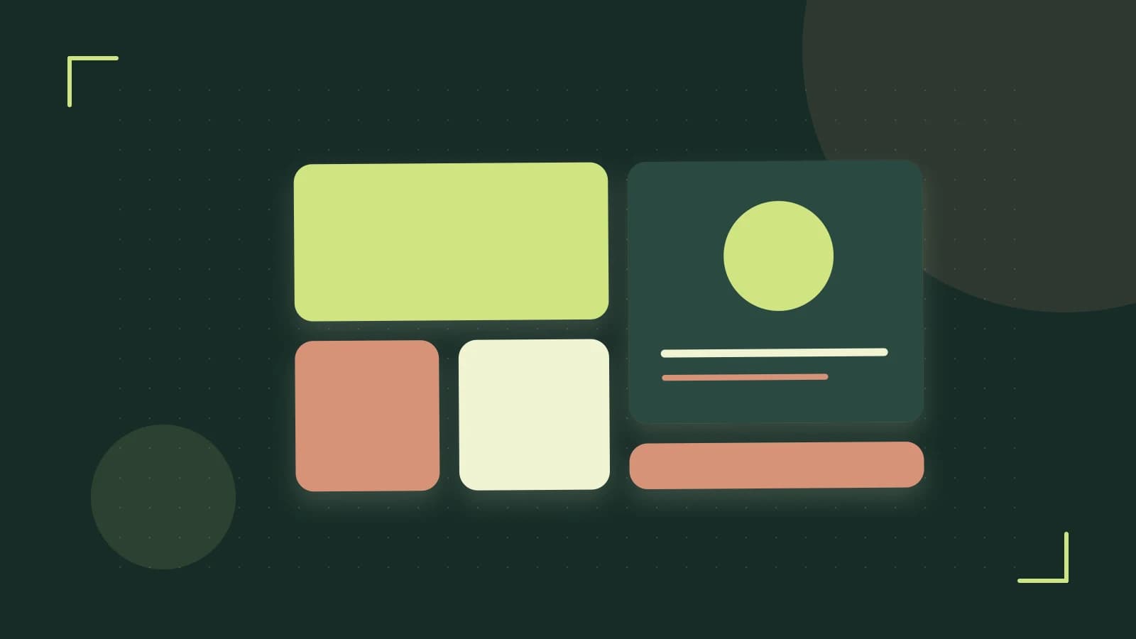 Editorial illustration of responsive browser layouts, overlapping design components and a color system