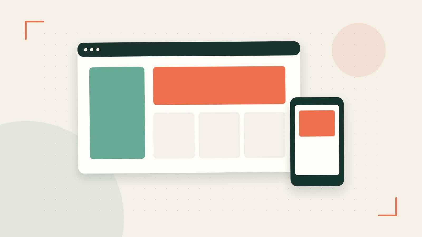 Editorial illustration of responsive browser layouts, overlapping design components and a color system