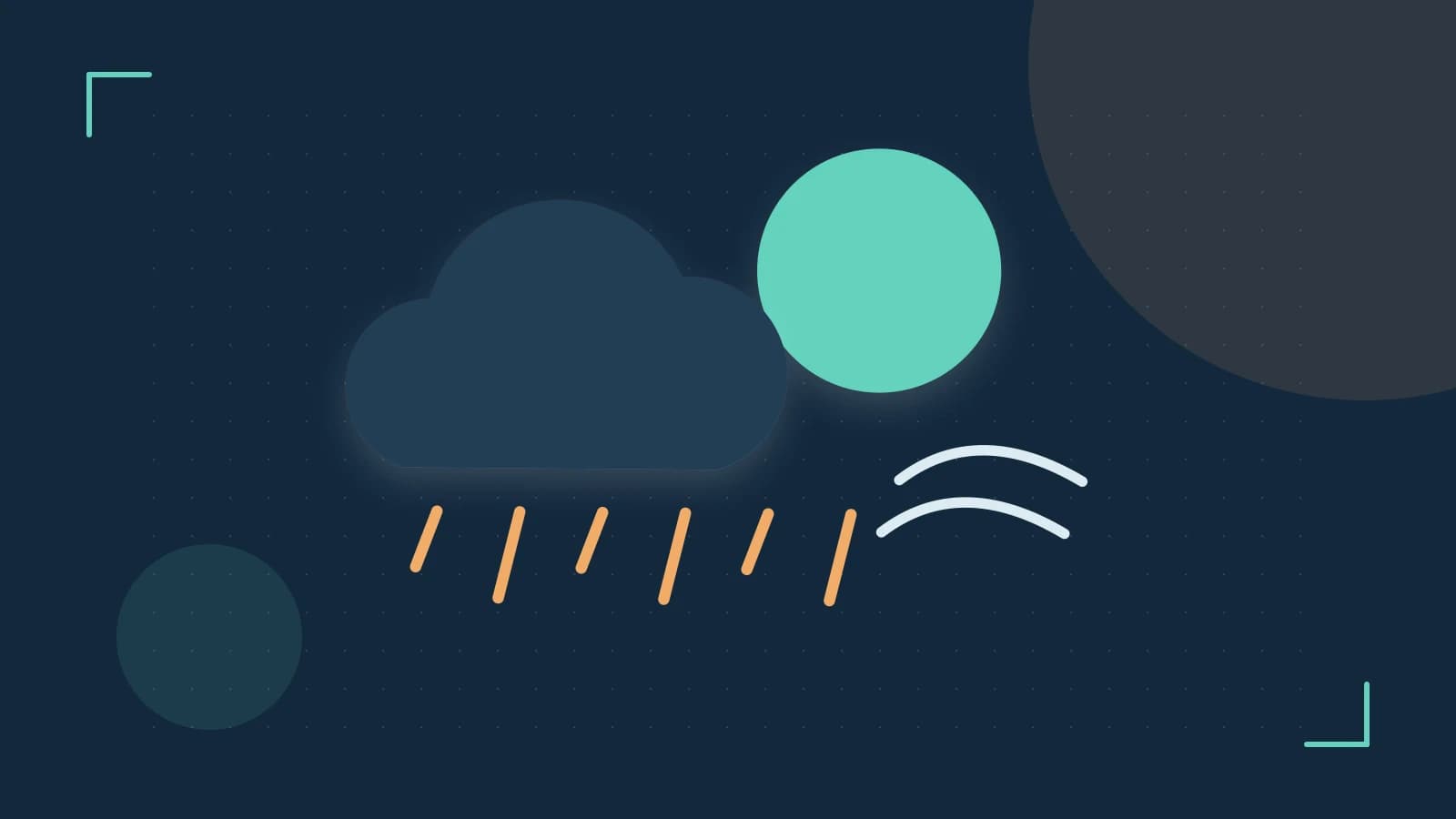 Editorial illustration of a sun, layered clouds, raindrops and flowing weather patterns