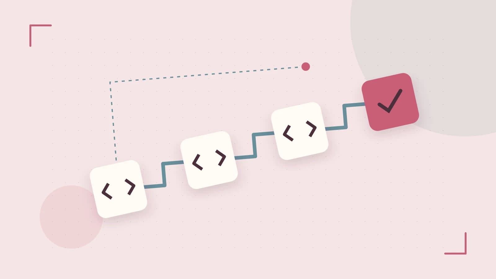 Editorial illustration of a branching build pipeline, staged transformations and a completed check