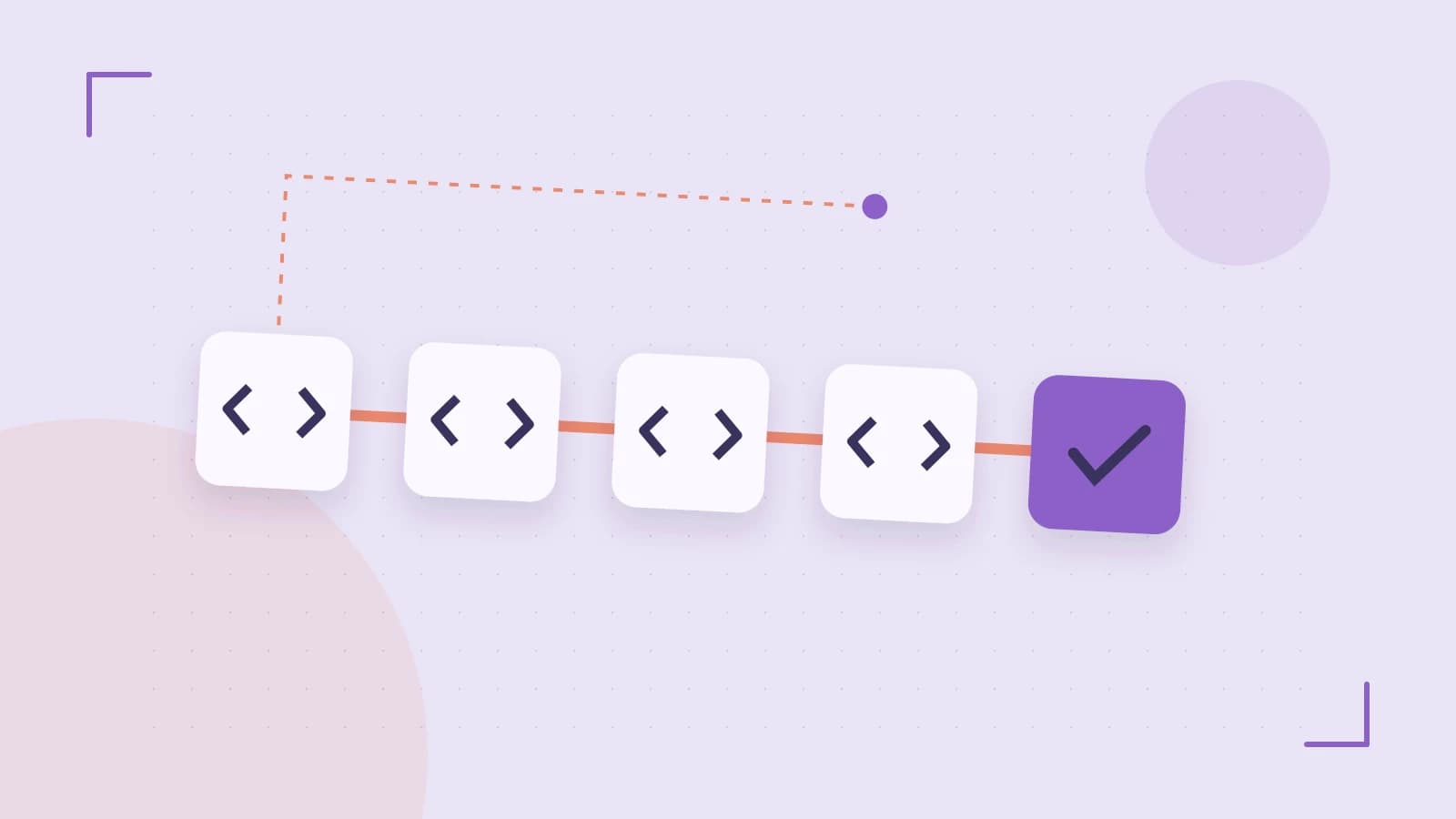 Editorial illustration of a branching build pipeline, staged transformations and a completed check