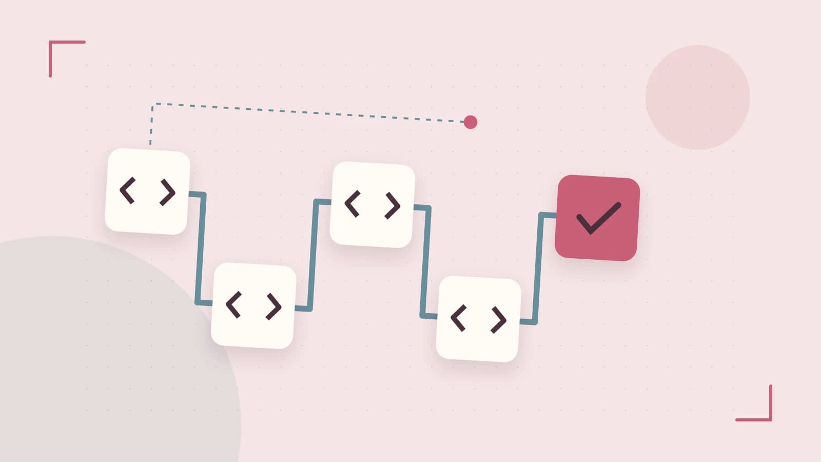Editorial illustration of a branching build pipeline, staged transformations and a completed check