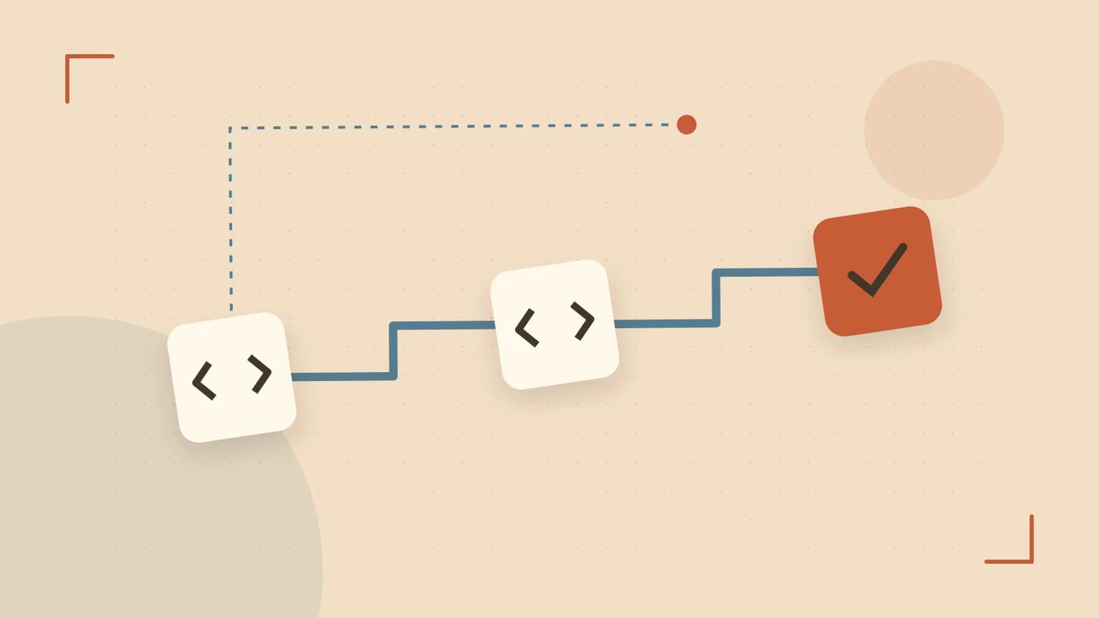 Editorial illustration of a branching build pipeline, staged transformations and a completed check
