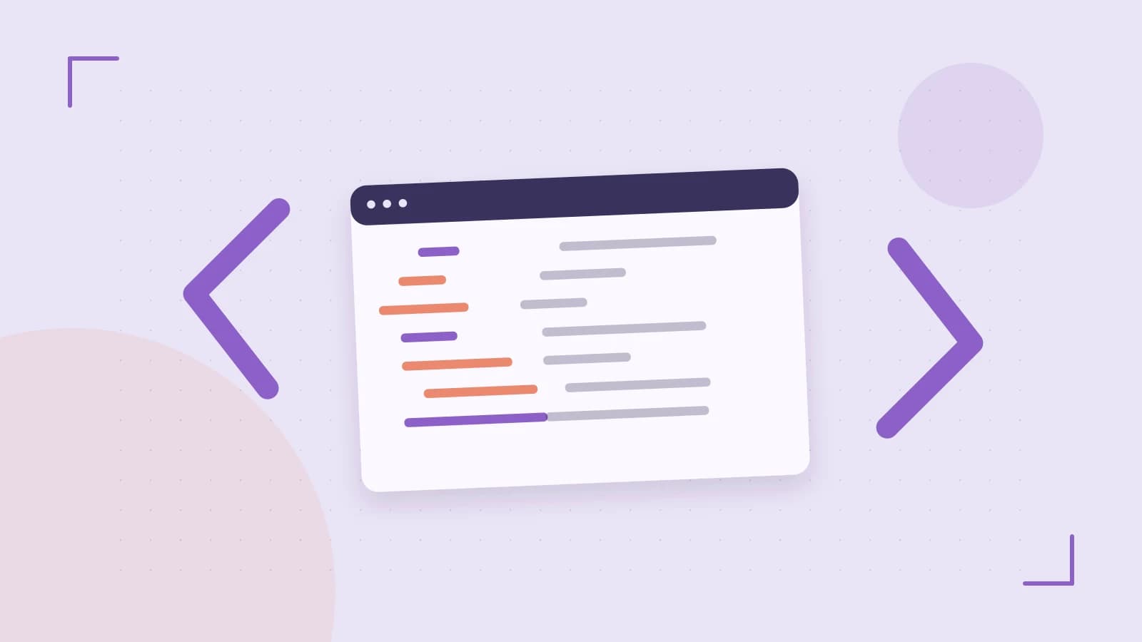 Editorial illustration of an abstract code editor, syntax blocks and oversized programming brackets