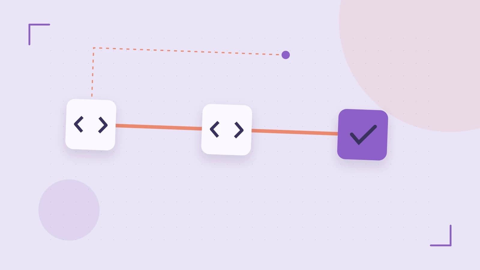 Editorial illustration of a branching build pipeline, staged transformations and a completed check