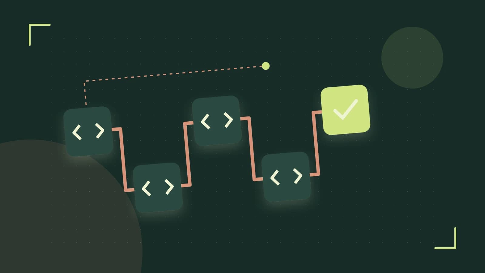 Editorial illustration of a branching build pipeline, staged transformations and a completed check