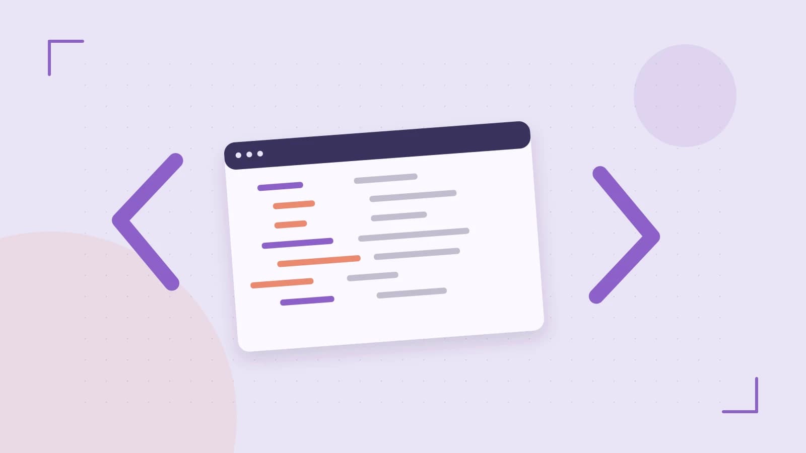 Editorial illustration of an abstract code editor, syntax blocks and oversized programming brackets