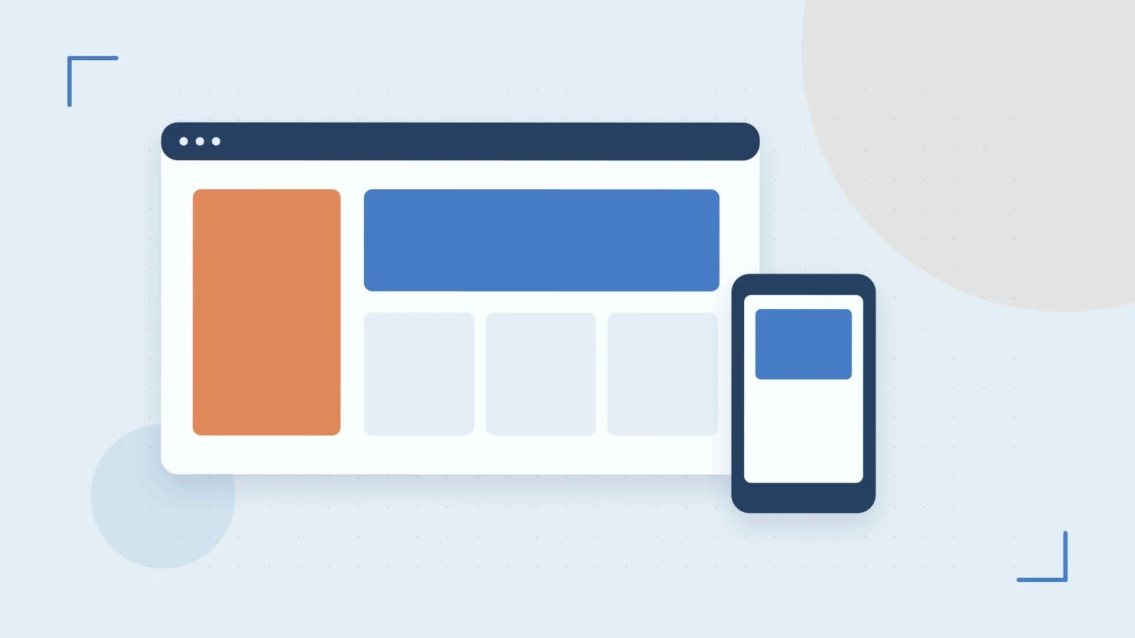 Editorial illustration of responsive browser layouts, overlapping design components and a color system