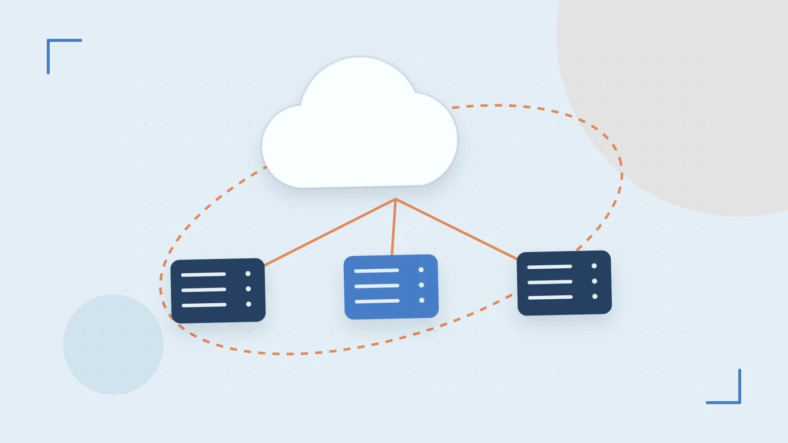 Editorial illustration of cloud infrastructure, connected server racks and an orbital service map