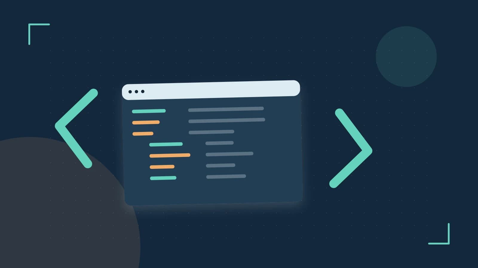 Editorial illustration of an abstract code editor, syntax blocks and oversized programming brackets