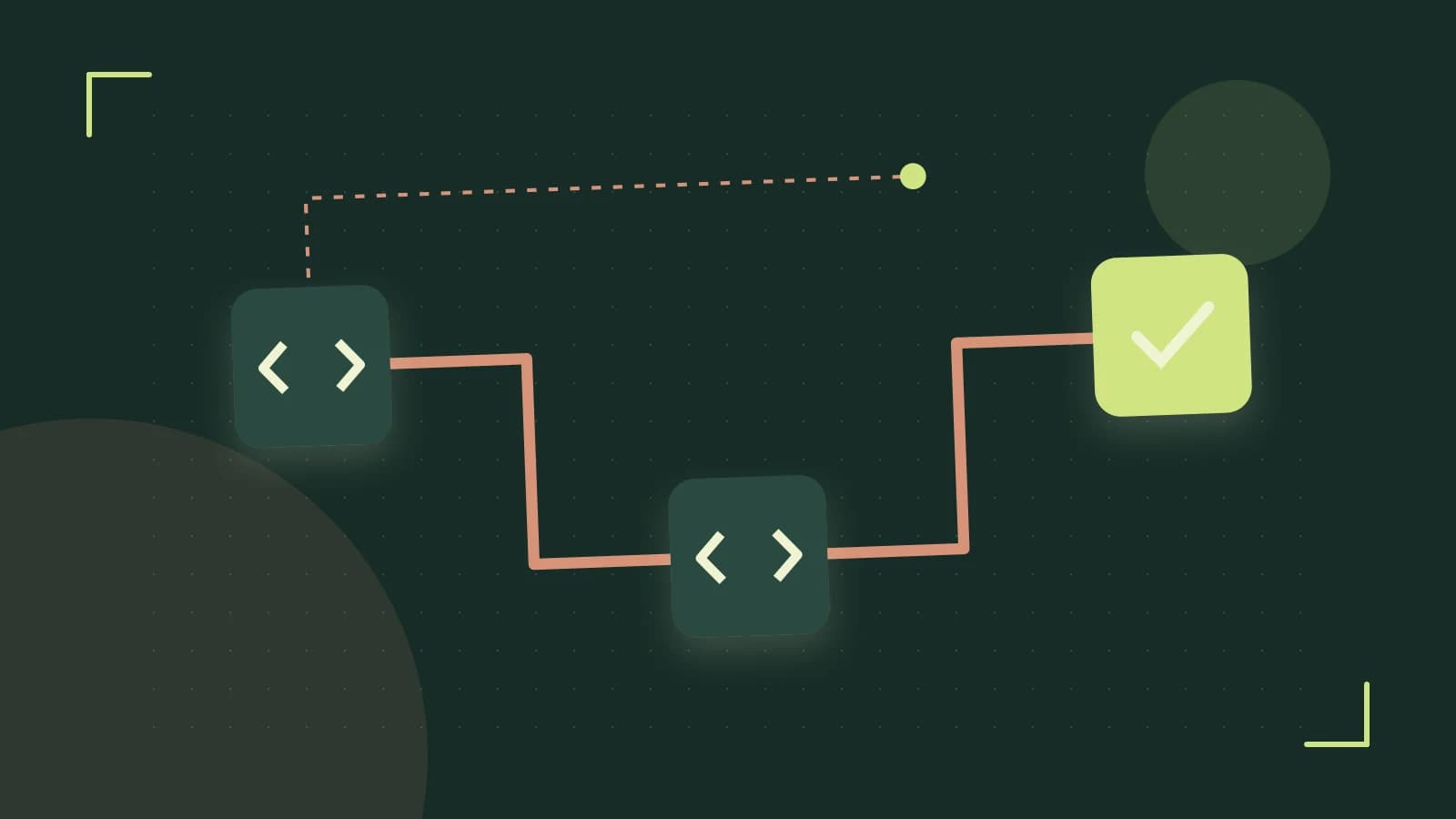 Editorial illustration of a branching build pipeline, staged transformations and a completed check