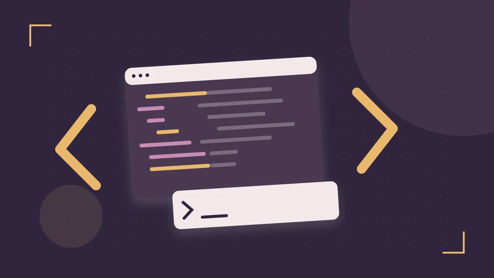Editorial illustration of an abstract code editor, syntax blocks and oversized programming brackets