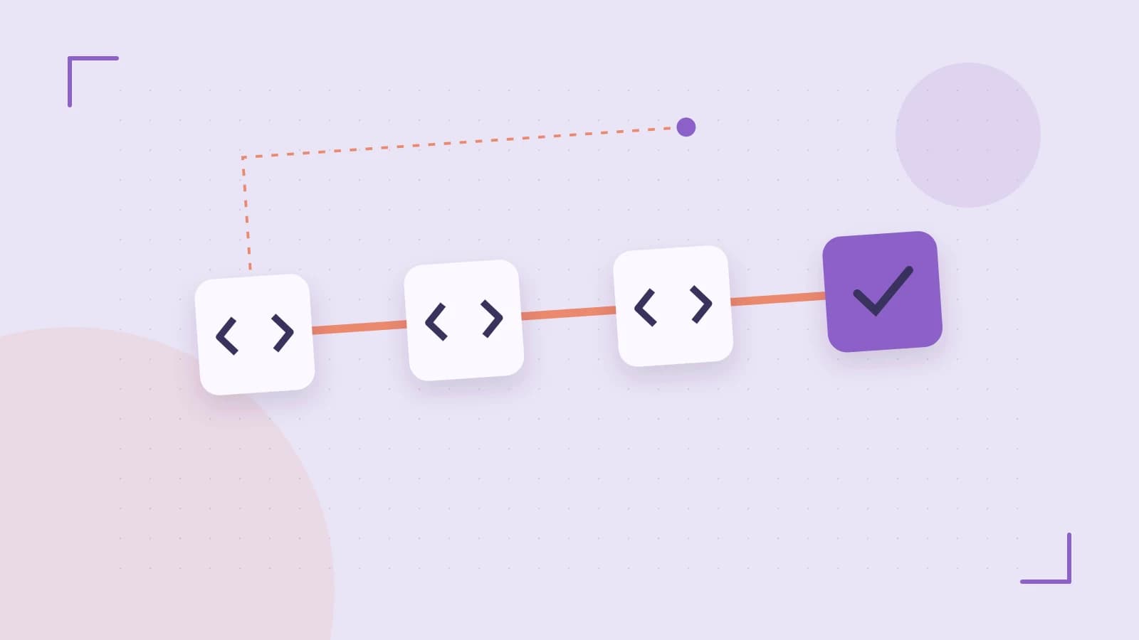 Editorial illustration of a branching build pipeline, staged transformations and a completed check