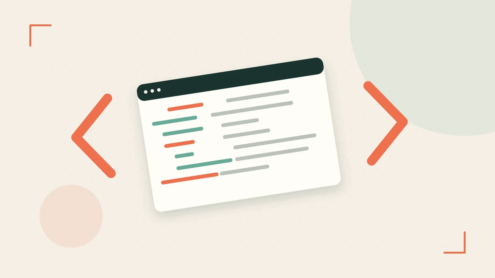 Editorial illustration of an abstract code editor, syntax blocks and oversized programming brackets