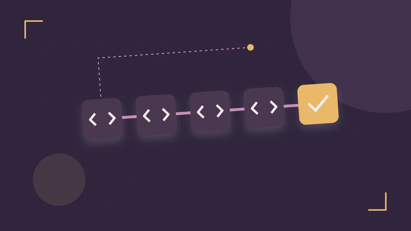Editorial illustration of a branching build pipeline, staged transformations and a completed check