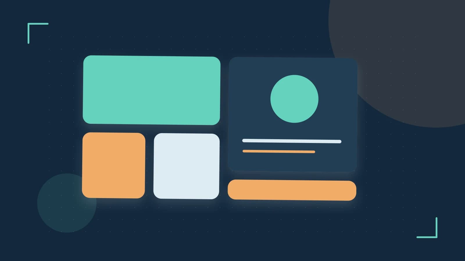 Editorial illustration of responsive browser layouts, overlapping design components and a color system