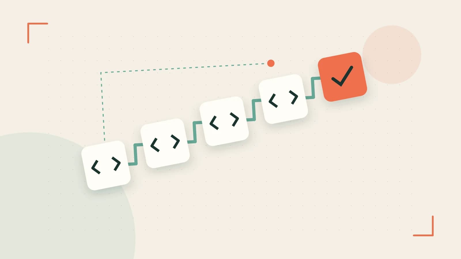 Editorial illustration of a branching build pipeline, staged transformations and a completed check